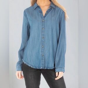 APNY Chambray Denim Casual Blue Button-Down Shirt for Women Frayed Hem Size XXL